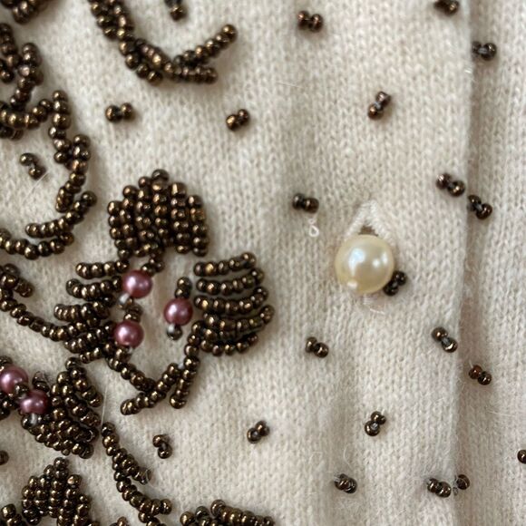New NOS NWT Vintage 50s Beaded Pearl Button Cardigan Ivory Brown Wool S 40 - Picture 7 of 10